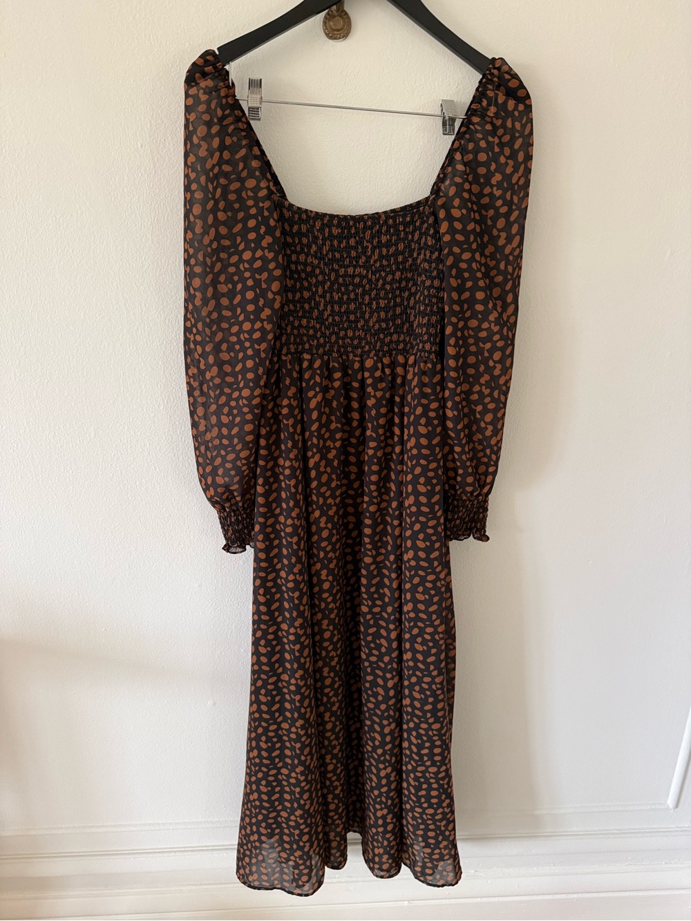 Smocked Square-Neck Midi Dress in Brown Polka Dots - Picture 2 of 4